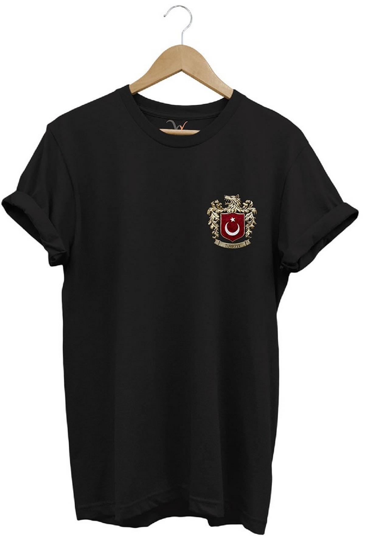 Widi Türk Bayrağı ve Kurt Baskılı T-Shirt Siyah