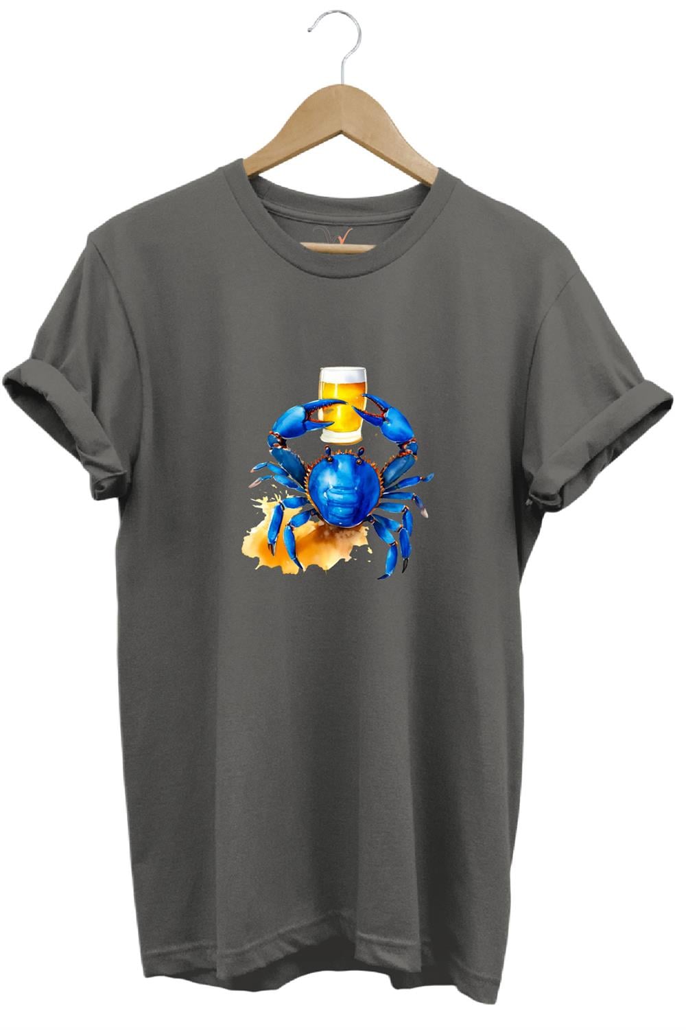 Yaz Baskılı Mavi Yengeç %100 Pamuk Regular Fit Bisiklet Yaka T-Shirt - Antrasit
