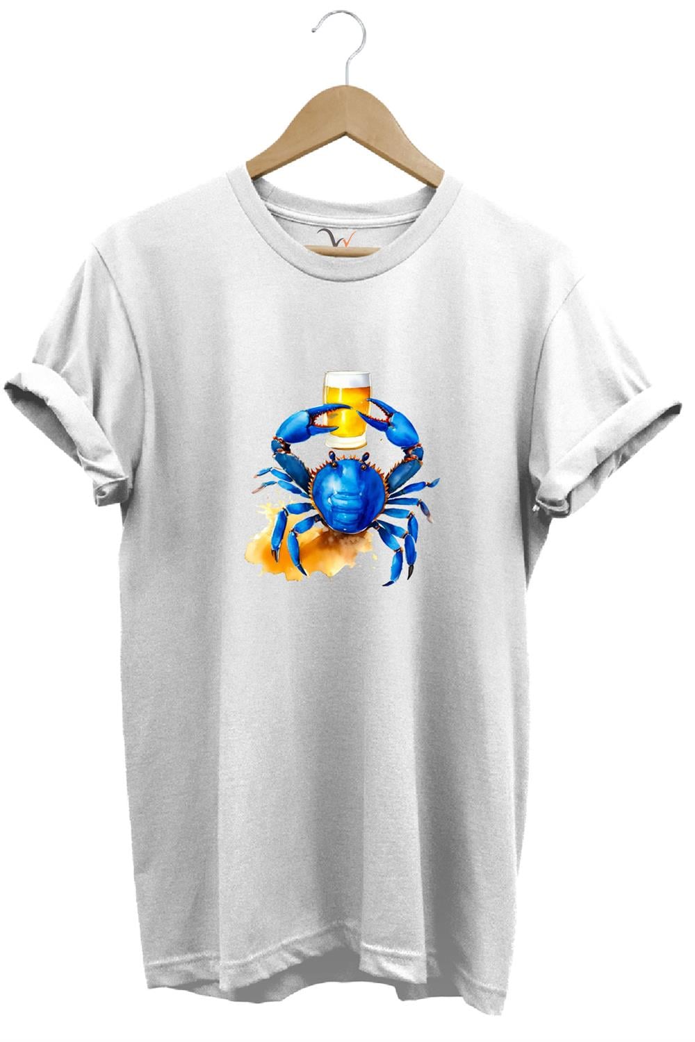 Yaz Baskılı Mavi Yengeç %100 Pamuk Regular Fit Bisiklet Yaka T-Shirt - Beyaz