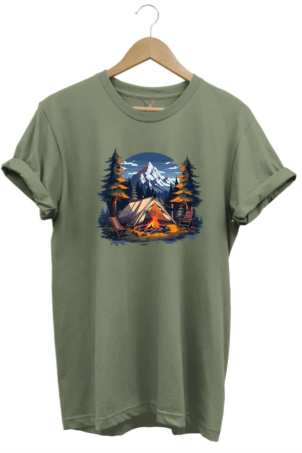 Yazlık Kamp Doğa Çadır Ve Dağ Baskılı %100 Pamuk Regular Fit Bisiklet Yaka T-Shirt - Haki