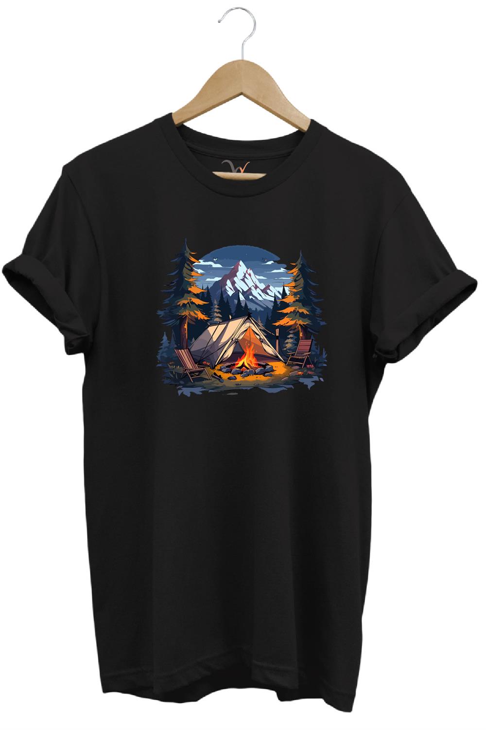 Yazlık Kamp Doğa Çadır Ve Dağ Baskılı %100 Pamuk Regular Fit Bisiklet Yaka T-Shirt - Siyah