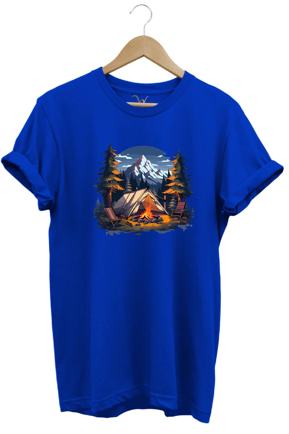 Yazlık Kamp Doğa Çadır Ve Dağ Baskılı %100 Pamuk Regular Fit Bisiklet Yaka T-Shirt - Mavi