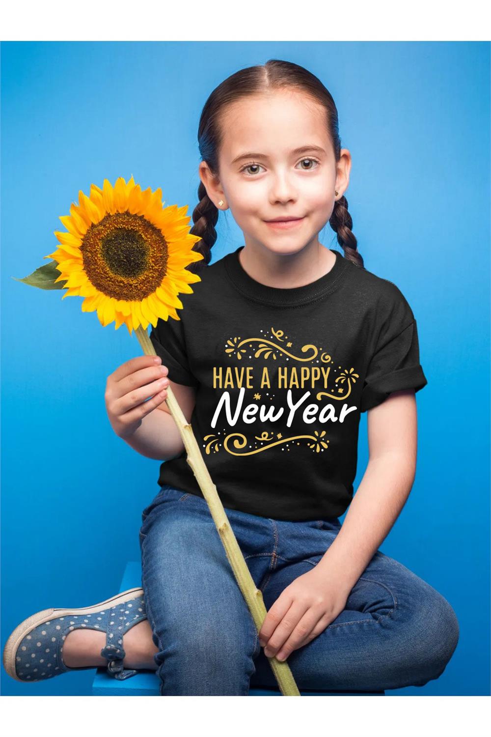 Yılbaşı Yeni Yıl Merry Chirstmas Noel Baba Baskılı Çocuk %100 Pamuk Beyaz T-Shirt - Siyah