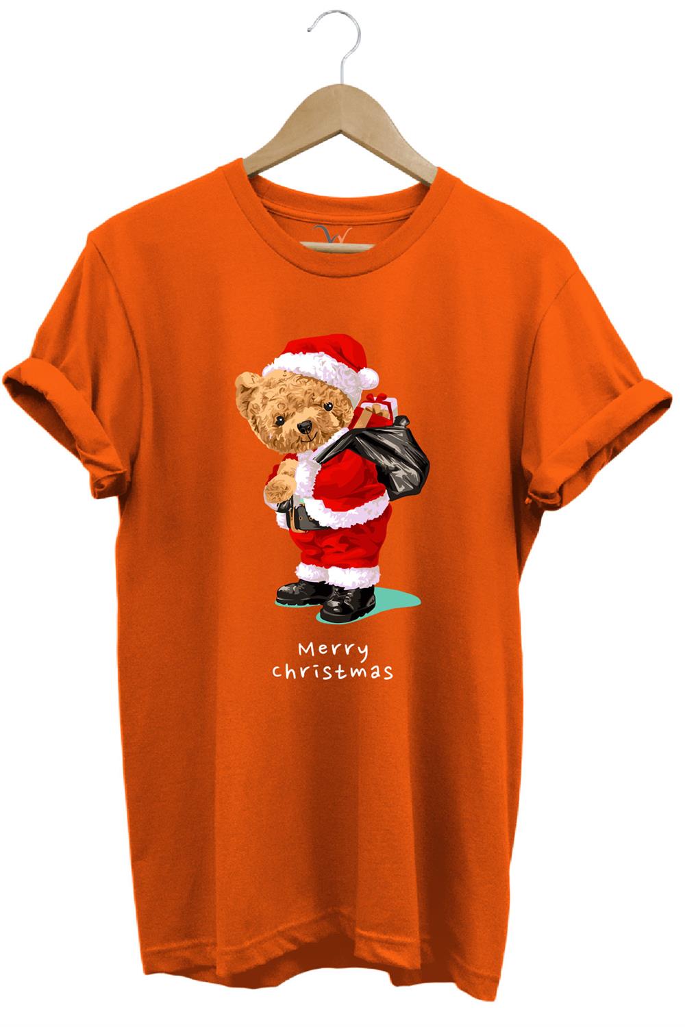 Yılbaşı Yeni Yıl Merry Christmas Sevimli Ayıcık Baskılı %100 Pamuk Regular Fit T-Shirt - Turuncu
