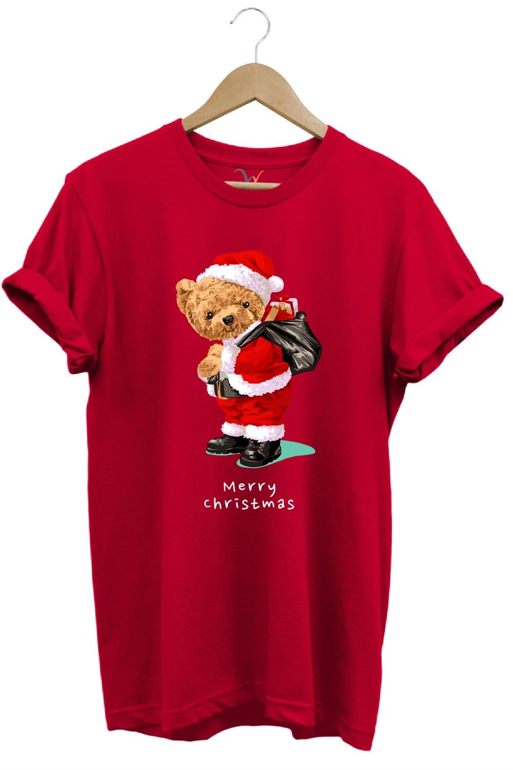 Yılbaşı Yeni Yıl Merry Christmas Sevimli Ayıcık Baskılı %100 Pamuk Regular Fit T-Shirt - Kırmızı