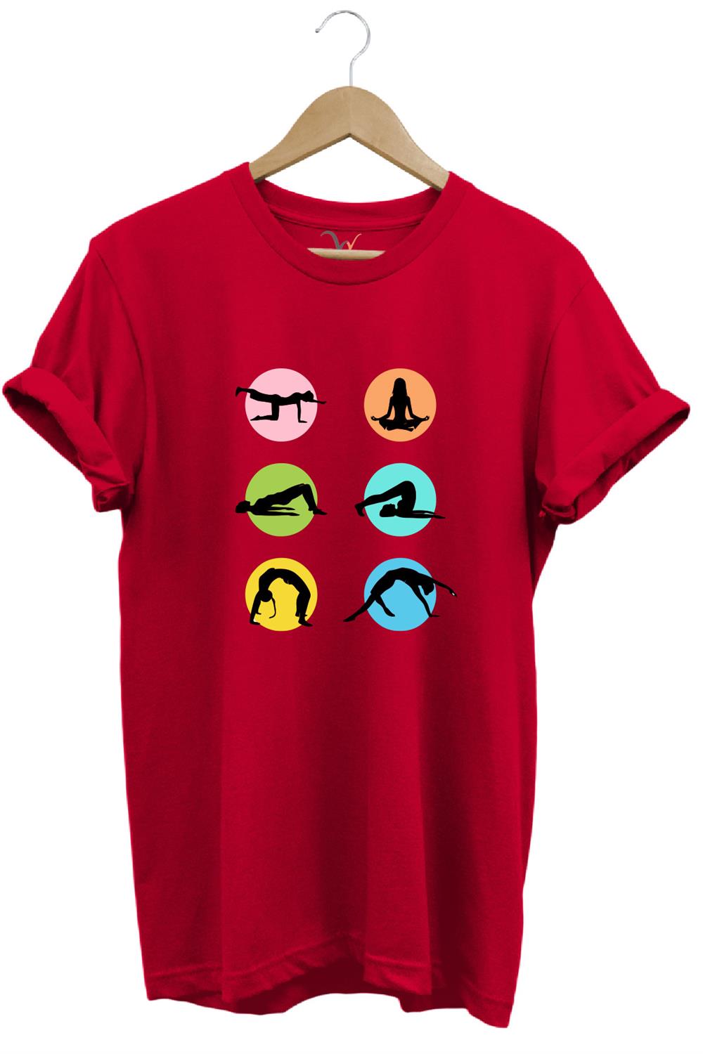 Yoga Meditasyon Hareketleri Baskılı %100 Pamuk Regular Fit Bisiklet Yaka T-Shirt - Kırmızı