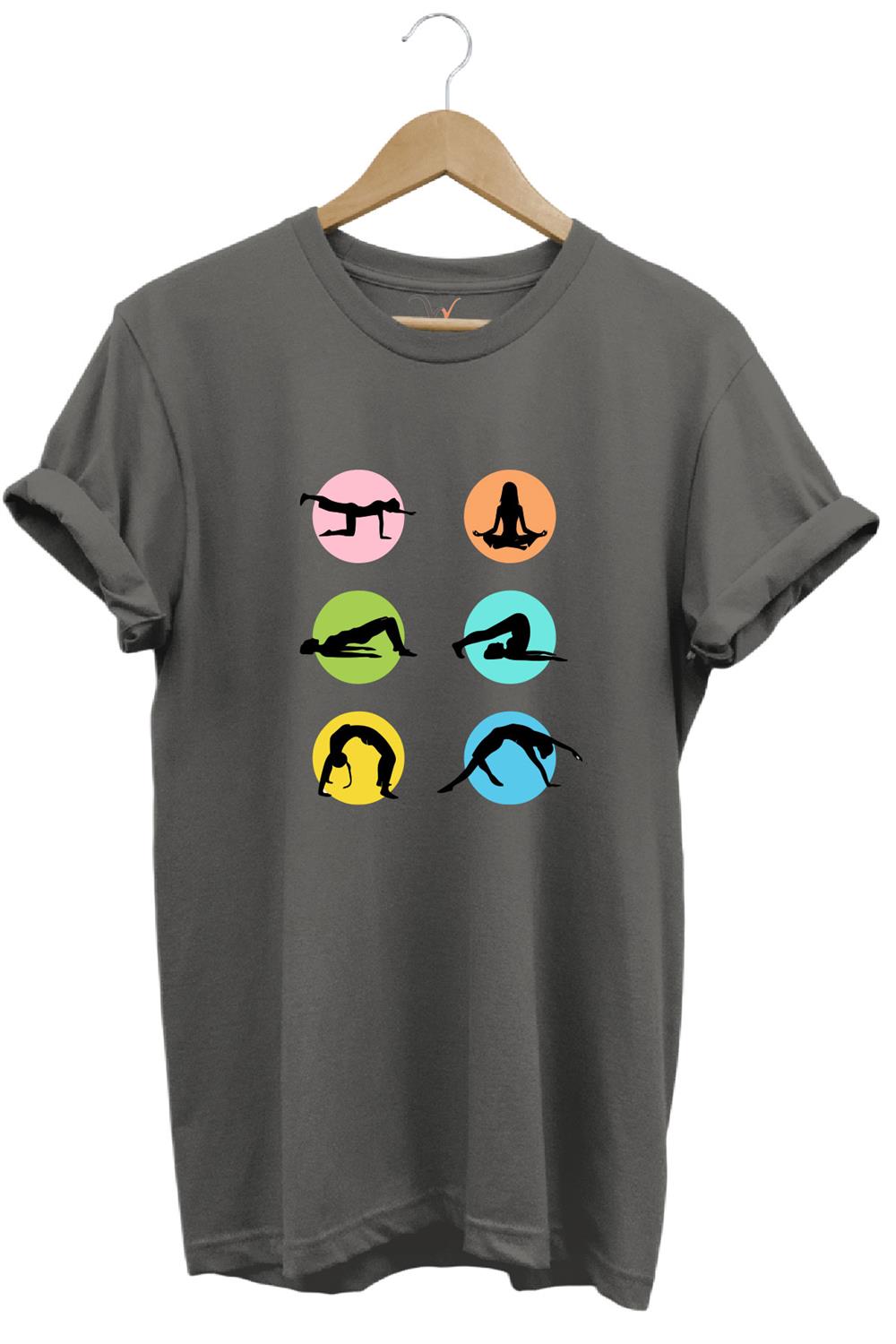 Yoga Meditasyon Hareketleri Baskılı %100 Pamuk Regular Fit Bisiklet Yaka T-Shirt - Antrasit