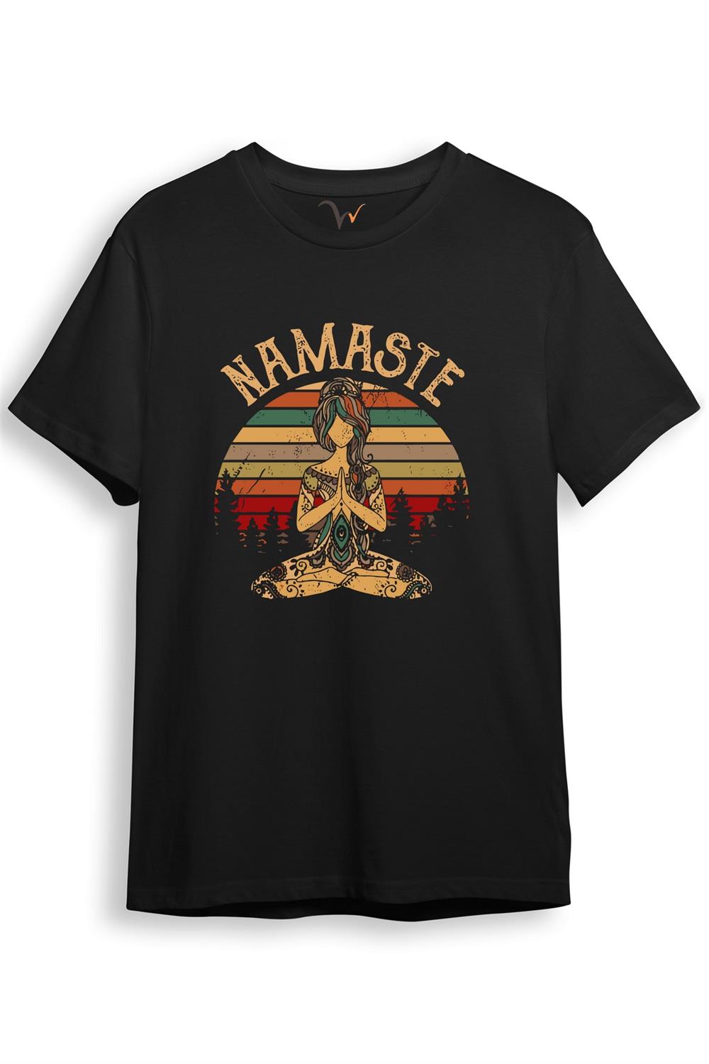 Yoga Nameste Baskılı %100 Pamuk Bisiklet Yaka T-Shirt - Siyah