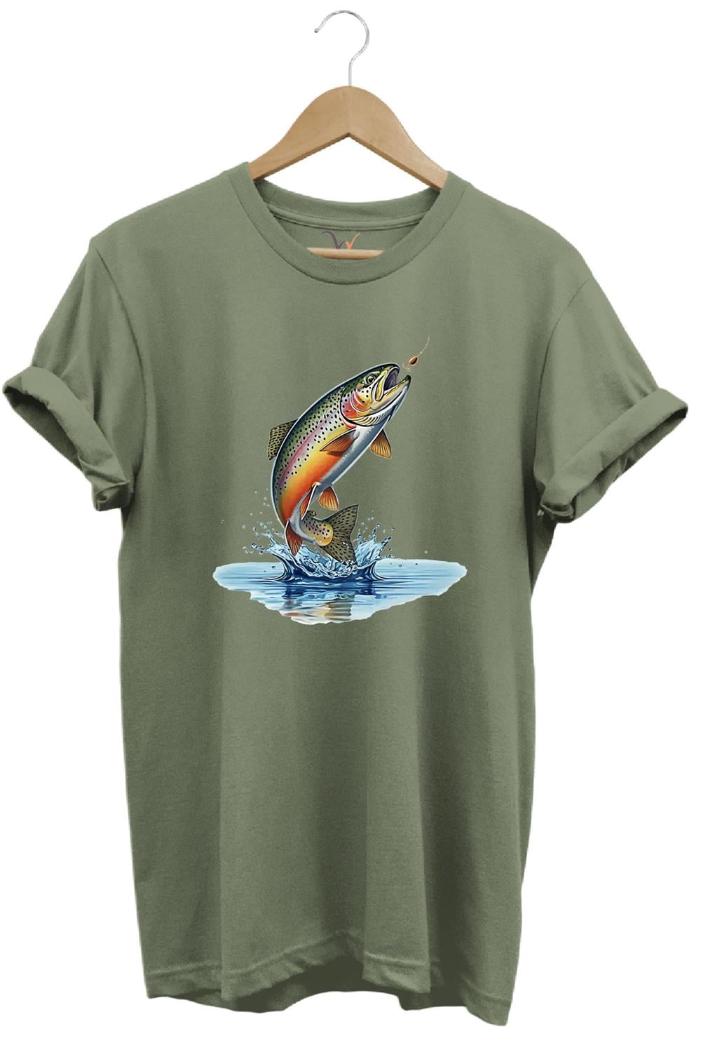 Zıpkınlanan Alabalık Tasarımlı Balıkçılık Temalı %100 Pamuk Unisex Regular Fit T-Shirt - Haki