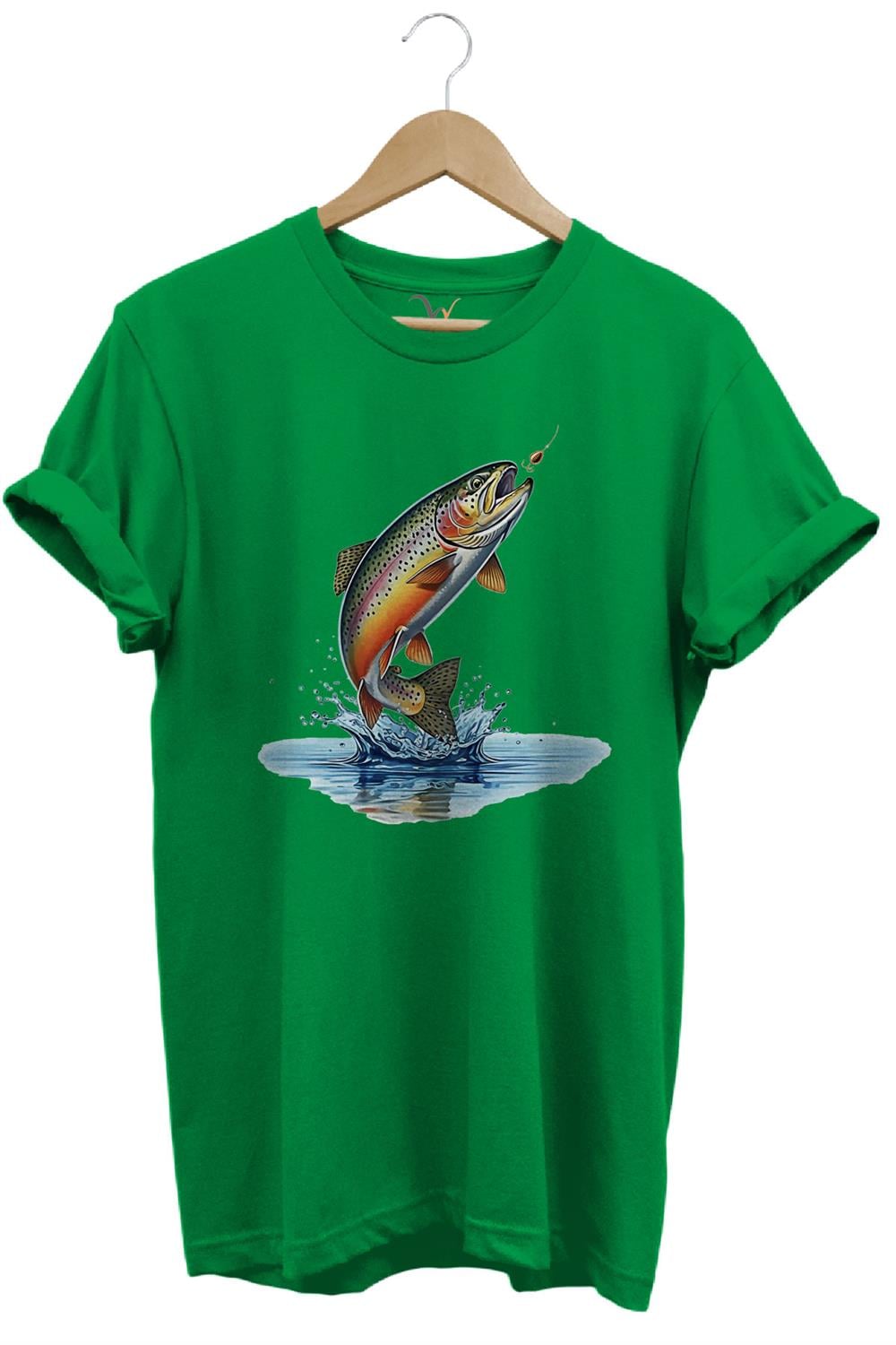 Zıpkınlanan Alabalık Tasarımlı Balıkçılık Temalı %100 Pamuk Unisex Regular Fit T-Shirt - Yeşil