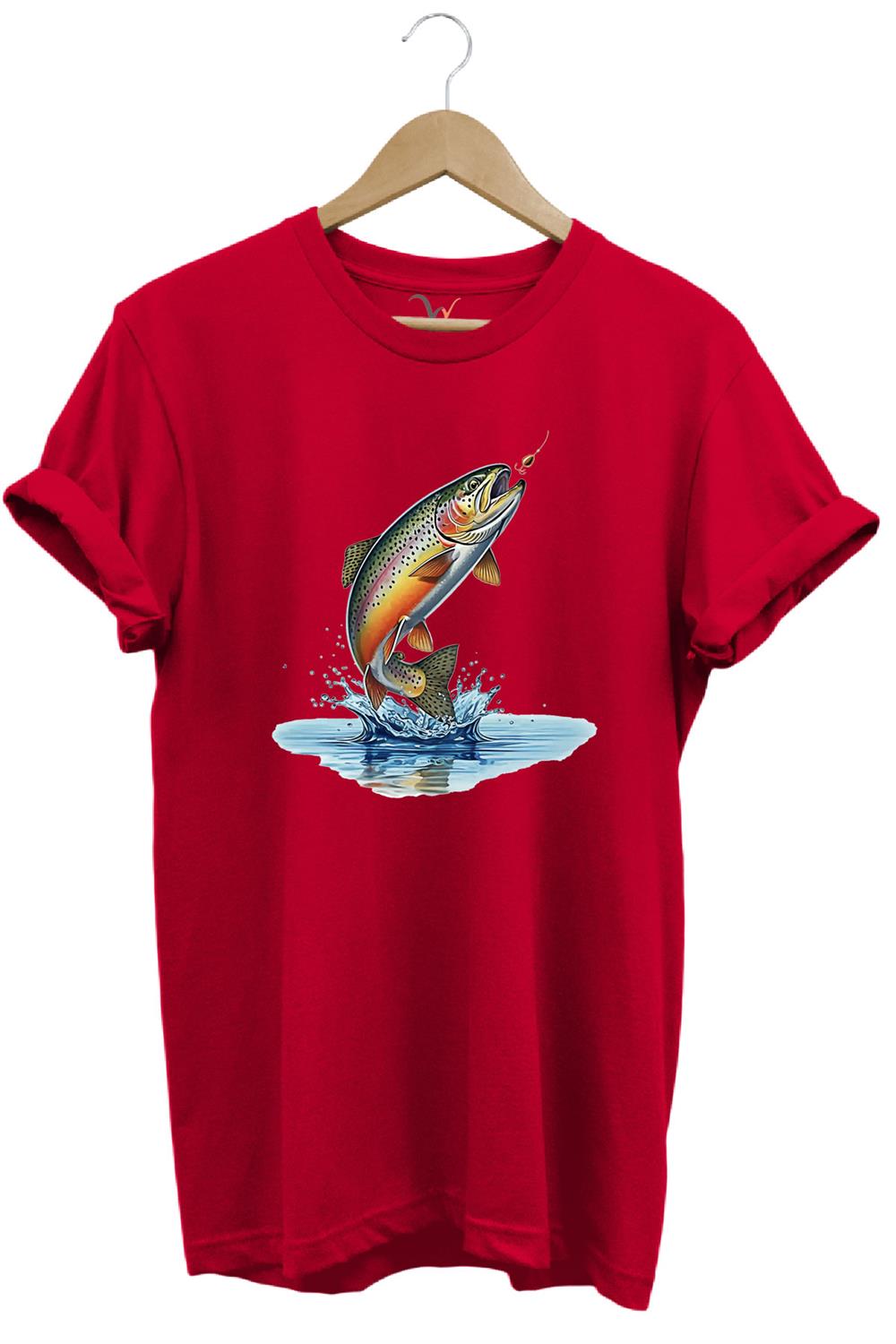 Zıpkınlanan Alabalık Tasarımlı Balıkçılık Temalı %100 Pamuk Unisex Regular Fit T-Shirt - Kırmızı
