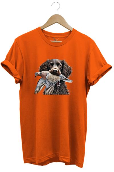 Avcılık Hunter Üveyik Kuşu Ve Avcı Boykin Köpeği Tasarım Baskılı %100 Pamuk Regular Fit T-Shirt - Turuncu