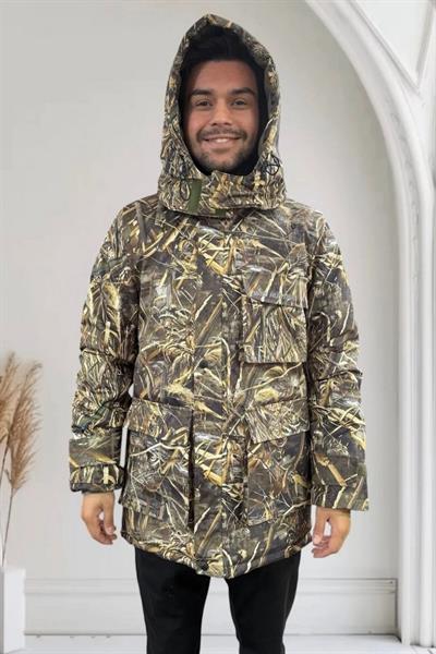Avcılık Saz Desen Baskılı Rüzgar Su Geçirmez Çıkma Kapüşonlu Çok Cepli -45°C Soğuk İklim Kaban Mont