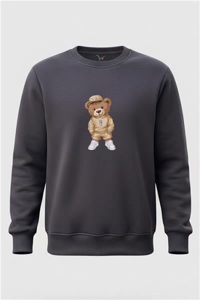 Ayıcık Baskılı Regular Fit 3 İp Şardonlu Bisiklet Yaka %100 Pamuk Sweatshirt - Füme