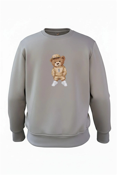 Ayıcık Baskılı Regular Fit 3 İp Şardonlu Bisiklet Yaka %100 Pamuk Sweatshirt - Antrasit