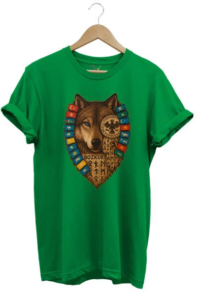 Bozkurt Göktürk Alfabeli Ve Türk Devletleri Bayrakları Baskılı %100 Pamuk Regular Fit T-Shirt - Yeşil