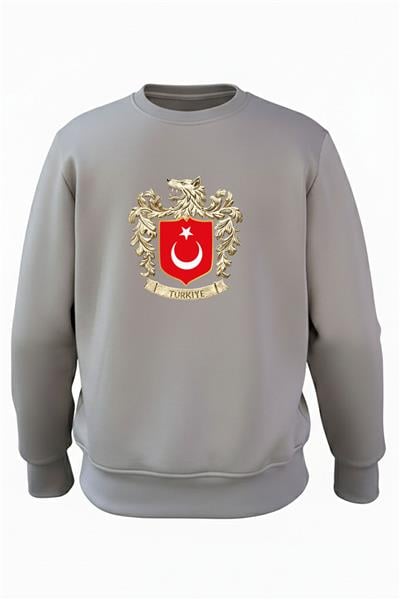 Bozkurt Sembolü Türkiye Ve Türk Bayrağı Kurt Baskılı Regular Fit 3 İp Şardonlu %100 Pamuk Sweatshirt - Antrasit