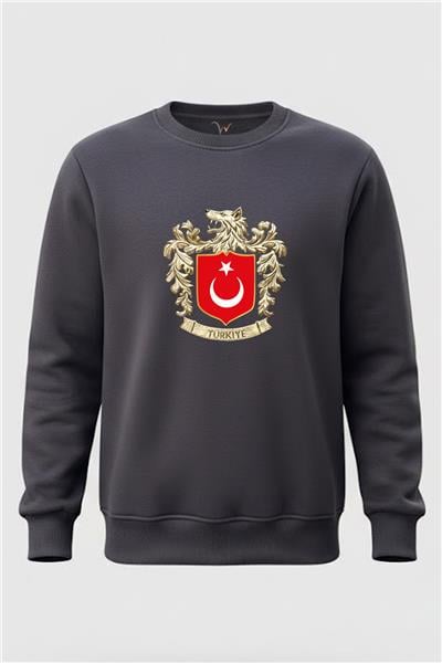Bozkurt Sembolü Türkiye Ve Türk Bayrağı Kurt Baskılı Regular Fit 3 İp Şardonlu %100 Pamuk Sweatshirt - Füme