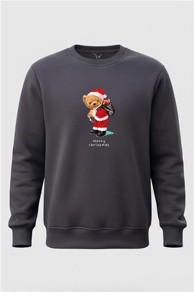 Christmas Sevimli Ayıcık Yılbaşı Noel Baskılı Regular Fit 3 İp Şardonlu %100 Pamuk Sweatshirt - Füme