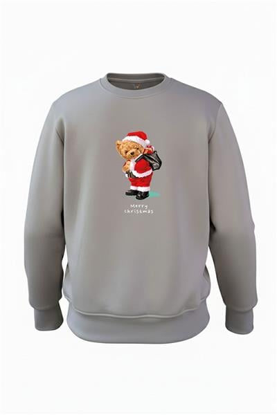 Christmas Sevimli Ayıcık Yılbaşı Noel Baskılı Regular Fit 3 İp Şardonlu %100 Pamuk Sweatshirt - Antrasit