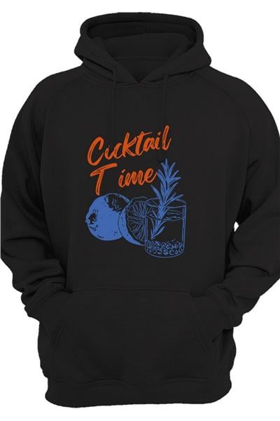 Cocktail Time Tasarım Baskılı Y2K Old Money 3 Iplik Kalın Şardonlu Kanguru Cepli Sweatshirt - Siyah