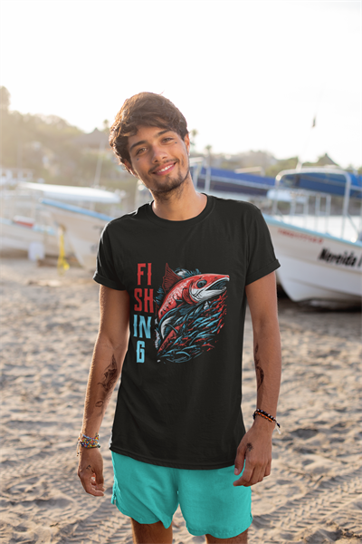 Fishing Balıkçılık Kırmızı Somon Balığı Baskılı %100 Pamuk Regular Fit T-Shirt - Siyah