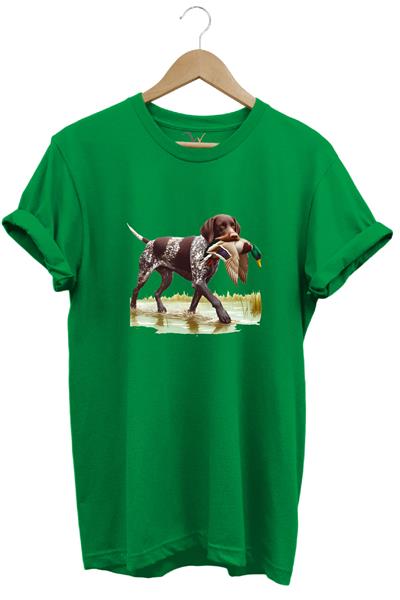 Hunting Avcılık Ördek Avı Baskılı Sazlıkta Avlanan Köpek %100 Pamuk Regular Fit T-Shirt - Yeşil