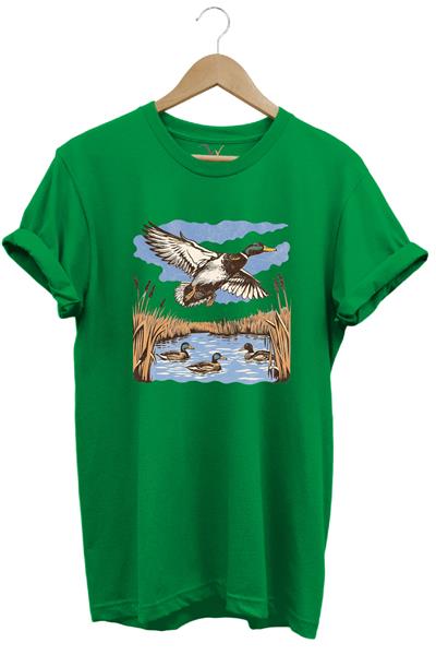 Hunting Avcılık Ördek Avı Sazlık Göl Baskılı %100 Pamuk Regular Fit Unisex T-Shirt - Yeşil