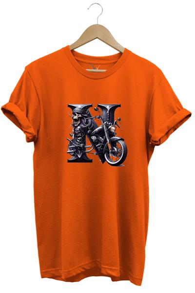 N Harfi Baskılı Motosiklet Kuru Kafa %100 Pamuk Regular Fit Bisiklet Yaka T-Shirt - Turuncu