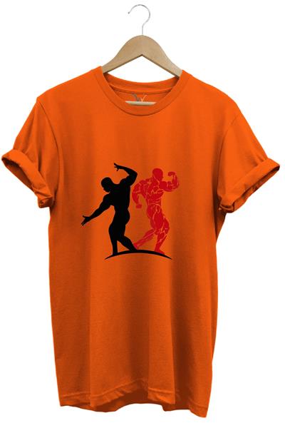 Sporcu Fitness Baskılı Gym Regular Fit %100 Pamuk Bisiklet Yaka Premium T-Shirt - Turuncu