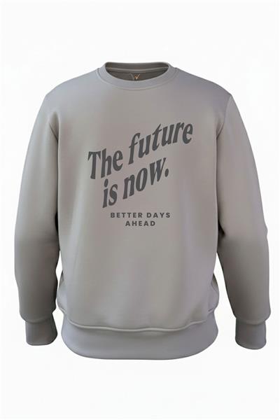 Streetwear The Future İs Now Yazı Baskılı Regular Fit 3 İplik Şardonlu %100 Pamuk Sweatshirt - Antrasit