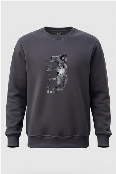Türkiye Bozkurt Göktürkçe Türk Yazısı Ve Kurt Baskılı Regular Fit 3İp Şardonlu %100 Pamuk Sweatshirt - Füme