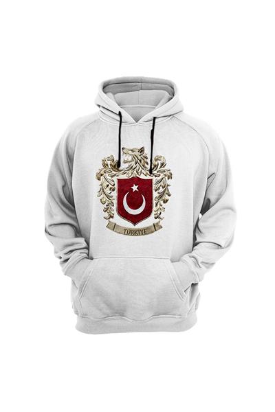 Widi Bozkurt Sembolü ve Türk Bayrağı Baskılı Sweatshirt Beyaz