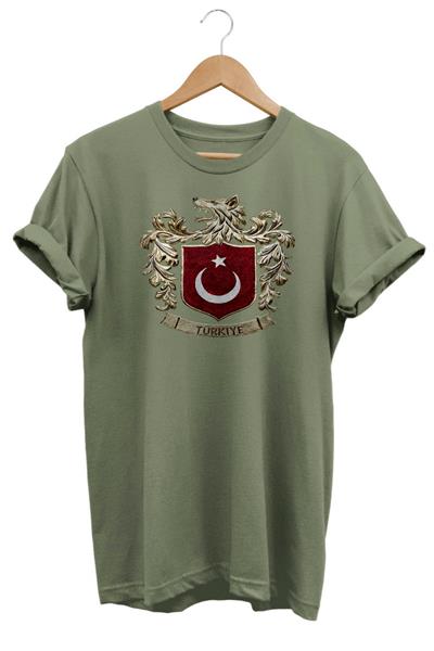 Widi Bozkurt Sembolü ve Türk Bayrağı Baskılı T-Shirt Haki