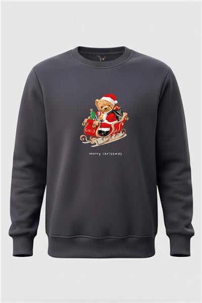 Yılbaşı Noel Merry Christmas Sevimli Ayıcık Baskılı Regular Fit 3 İp Şardonlu %100 Pamuk Sweatshirt - Füme