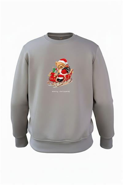 Yılbaşı Noel Merry Christmas Sevimli Ayıcık Baskılı Regular Fit 3 İp Şardonlu %100 Pamuk Sweatshirt - Antrasit