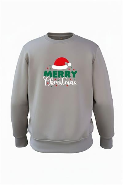 Yılbaşı Yeni Yıl Merry Christmas Noel Şapkası Baskılı 3 İp Şardonlu %100 Pamuk Sweatshirt - Antrasit