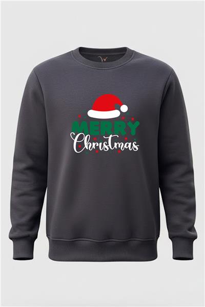 Yılbaşı Yeni Yıl Merry Christmas Noel Şapkası Baskılı 3 İp Şardonlu %100 Pamuk Sweatshirt - Füme