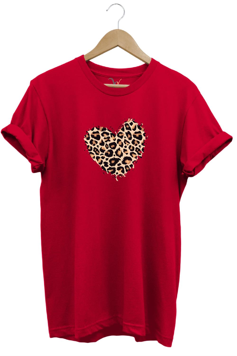 14 Şubat Sevgililer Günü Kalp Leopar Desen Baskılı %100 Pamuk Regular Fit Bisiklet Yaka T-Shirt - Kırmızı