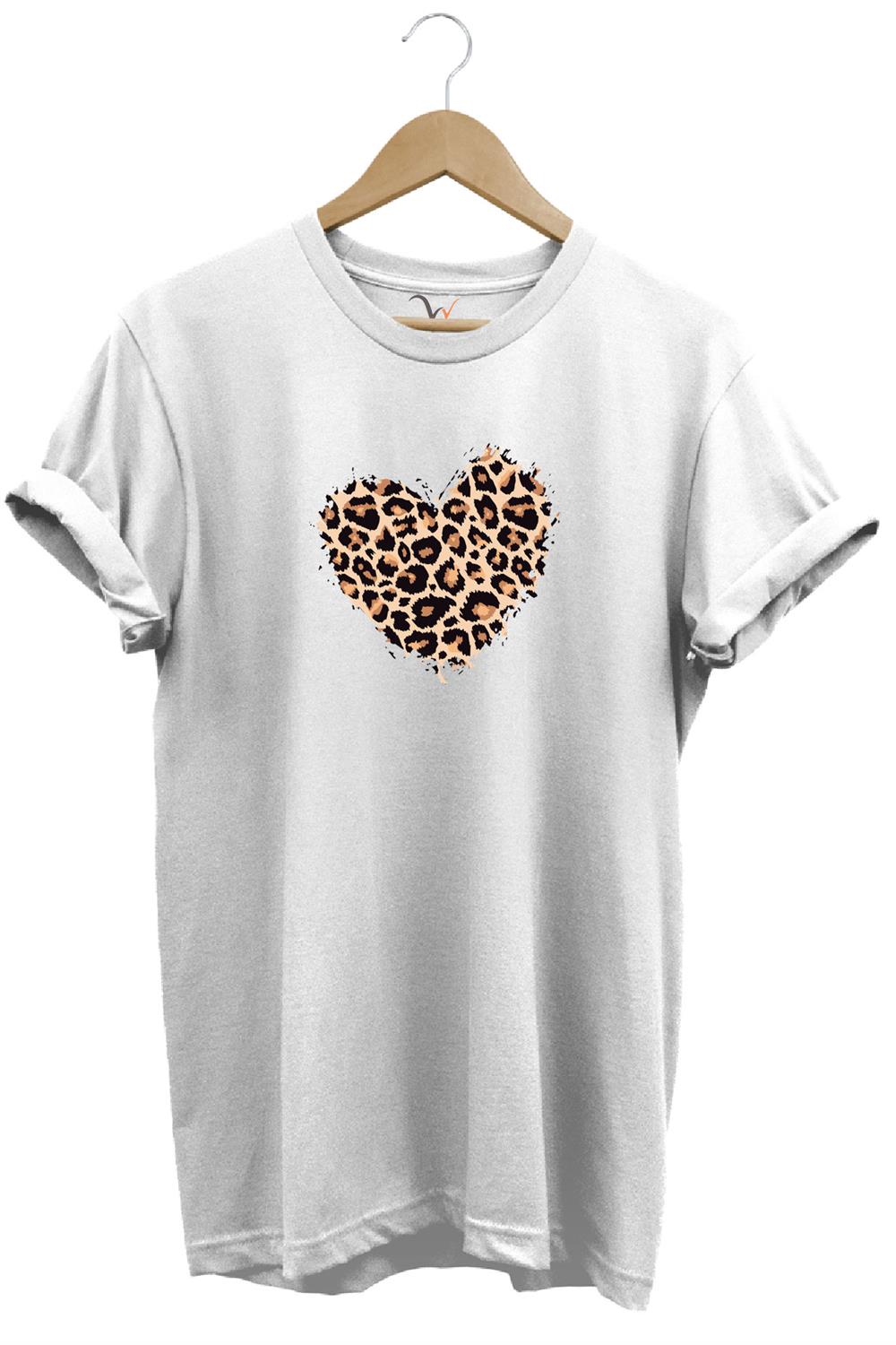 14 Şubat Sevgililer Günü Kalp Leopar Desen Baskılı %100 Pamuk Regular Fit Bisiklet Yaka T-Shirt - Beyaz