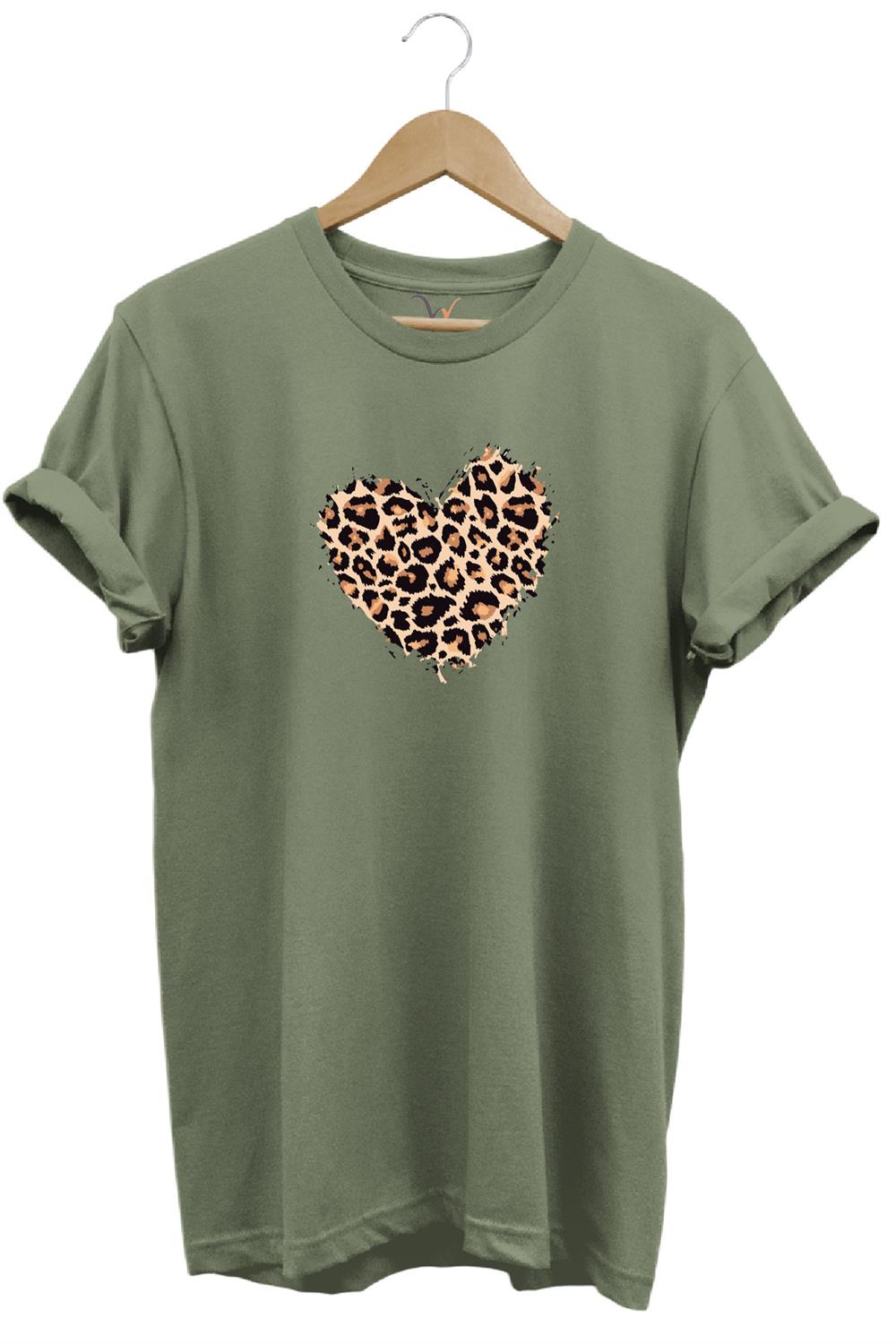 14 Şubat Sevgililer Günü Kalp Leopar Desen Baskılı %100 Pamuk Regular Fit Bisiklet Yaka T-Shirt - Haki