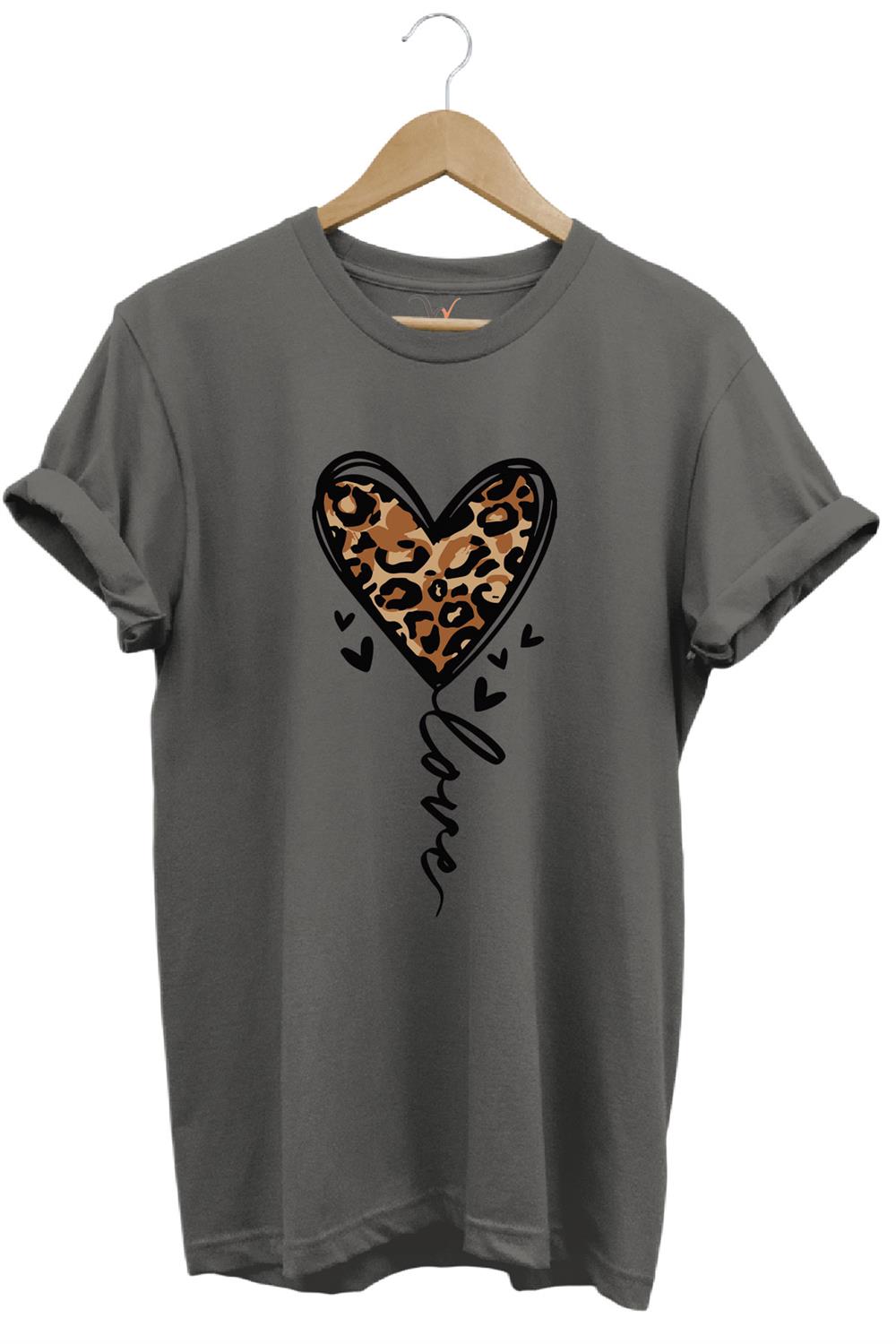 14 Şubat Sevgililer Günü Kalp Leopar Desen Baskılı %100 Pamuk Regular Fit Bisiklet Yaka T-Shirt - Antrasit