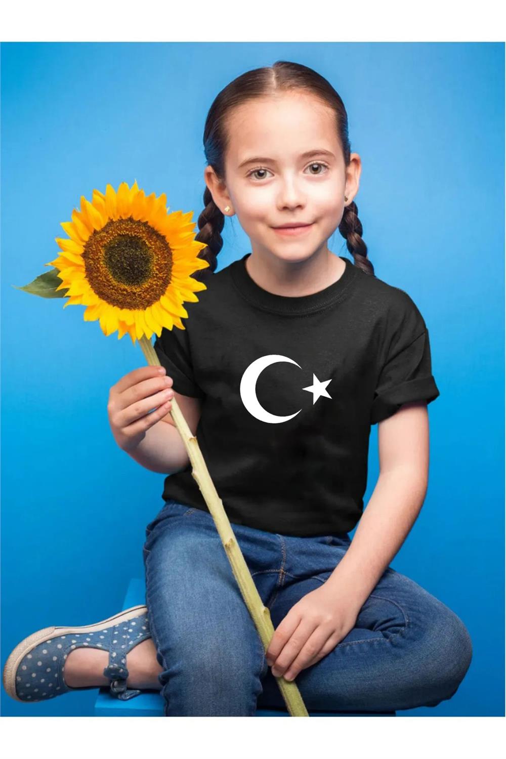 23 Nisan Çocuk Bayramı Ay Yıldız Türkiye Tasarım Baskılı Regular Fit %100 Pamuk Çocuk T-Shirt - Siyah