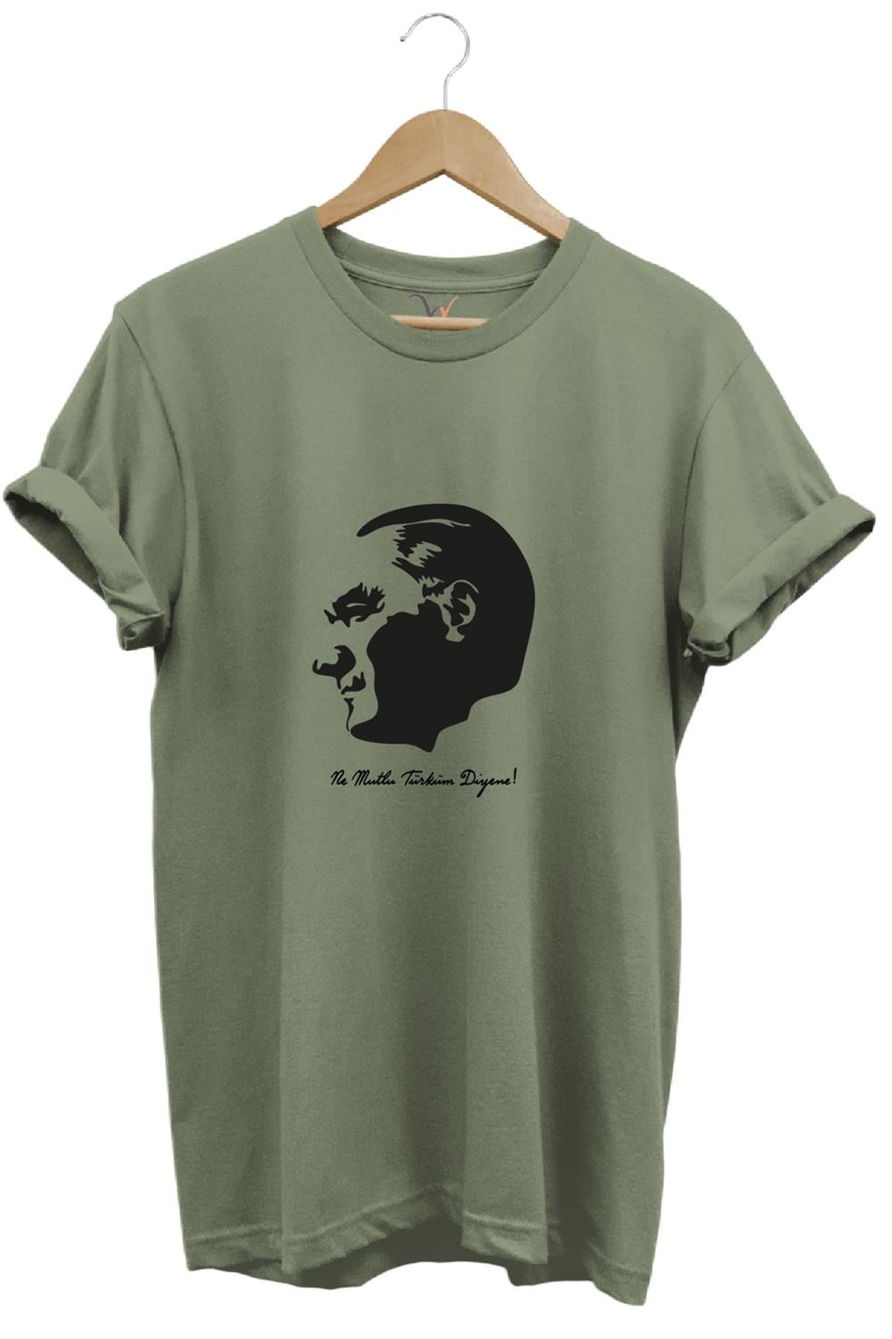 29 Ekim Atatürk Ve Ne Mutlu Türküm Diyene! Yazı Baskılı Regular Fit Bisiklet Yaka T-Shirt - Haki