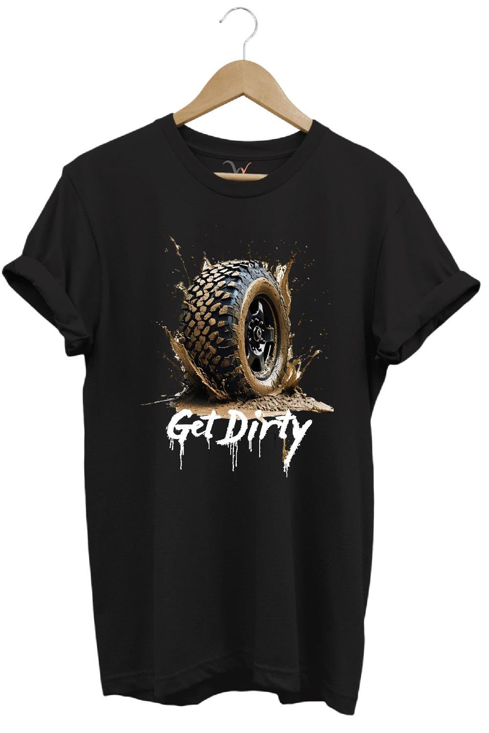 4X4 Off Road Mud Truck Baskılı Dağ Aracı Tekerlek Baskılı %100 Pamuk Regular Fit Unisex T-Shirt - Siyah