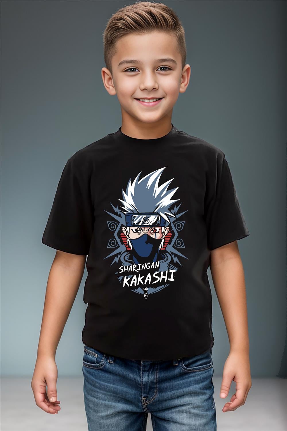 Anime Manga Kakashi Sharingan %100 Pamuk Erkek Çocuk Kız Çocuk Yüksek Kaliteli Premium T-Shirt - Siyah