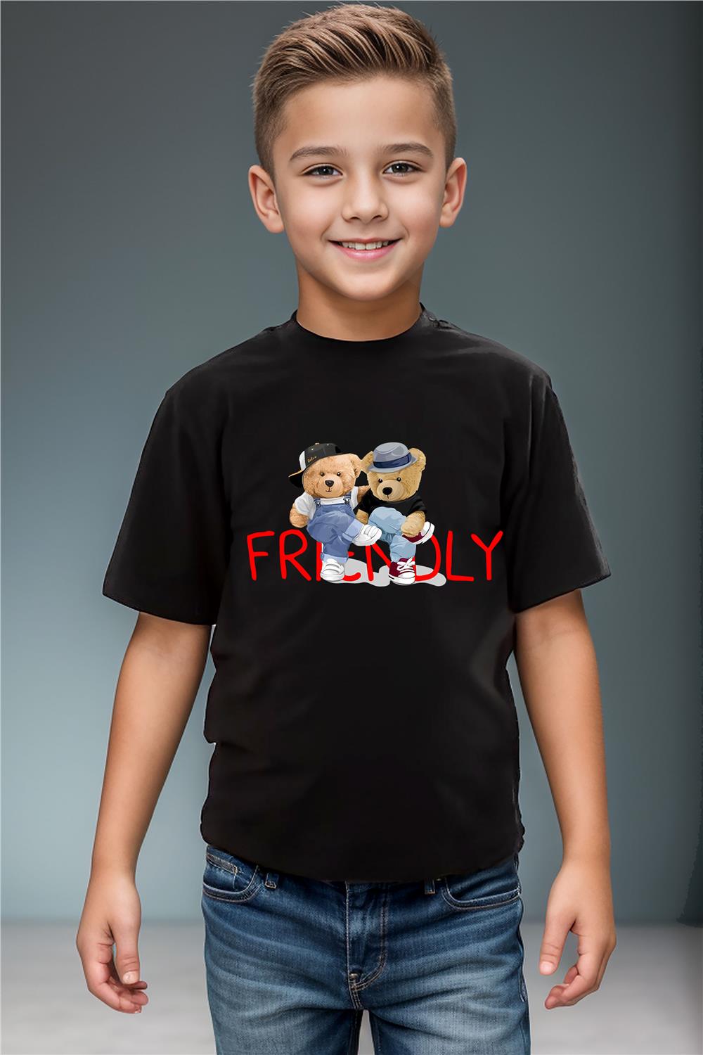 Arkadaş Sevimli Ayıcık Baskılı Friendly Yazılı %100 Pamuk Erkek Çocuk Kız Çocuk Premium T-Shirt - Siyah