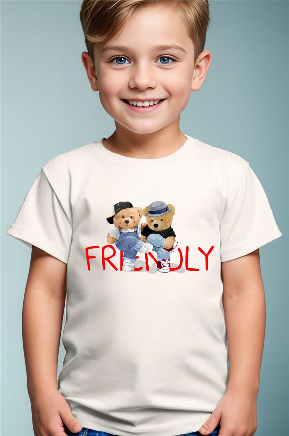 Arkadaş Sevimli Ayıcık Baskılı Friendly Yazılı %100 Pamuk Erkek Çocuk Kız Çocuk Premium T-Shirt - Beyaz