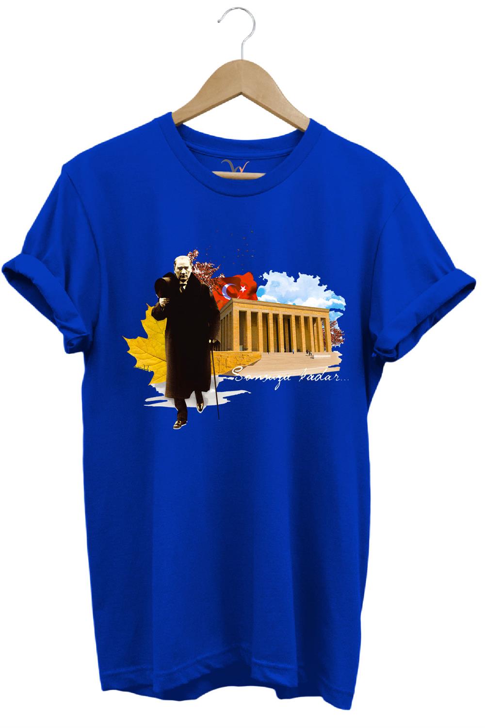 Atatürk Anıtkabir 10 Kasım 29 Ekim 23 Nisan 19 Mayıs Cumhuriyet Sonsuza Kadar Regular Fit T-Shirt - Mavi