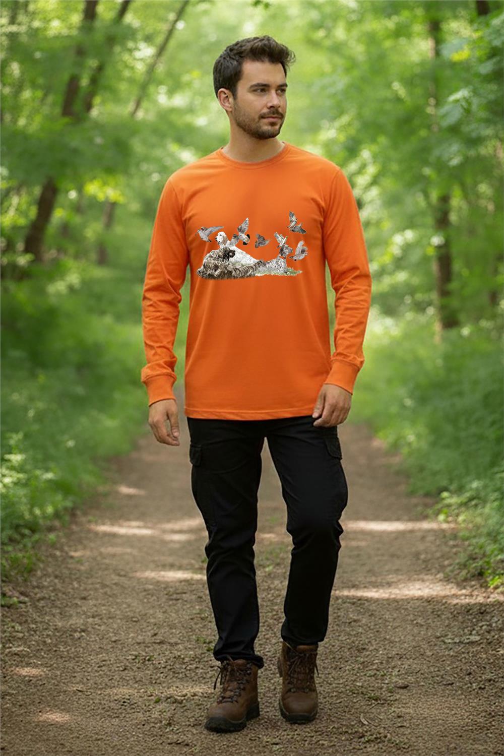 Avcılık Av Köpekleri Setter Çulluk Keklik Baskılı Turuncu Bisiklet Yaka Uzun Kollu T-Shirt - Turuncu